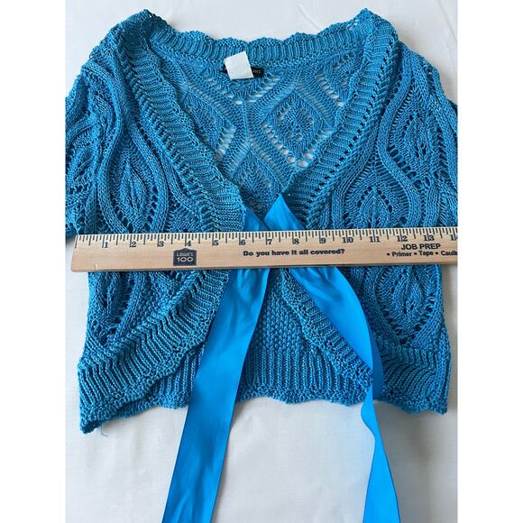 VTG Y2K American Attitudes sweater sz Med cropped flare sleeve crochet wrap blue - Picture 5 of 11